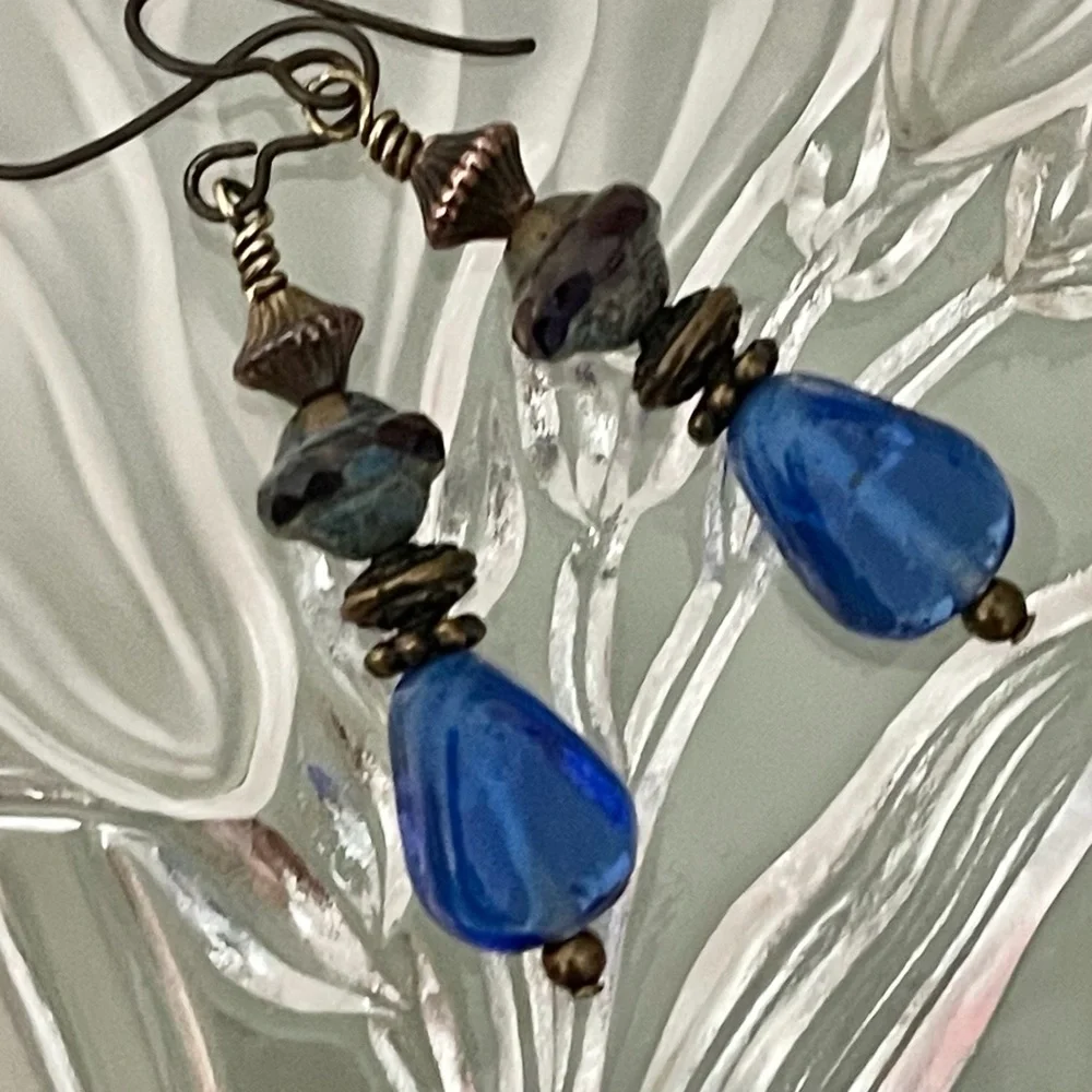 Artisan Earrings - “Brassy Cobalt Blues”Dangles - Picture 3 of 9